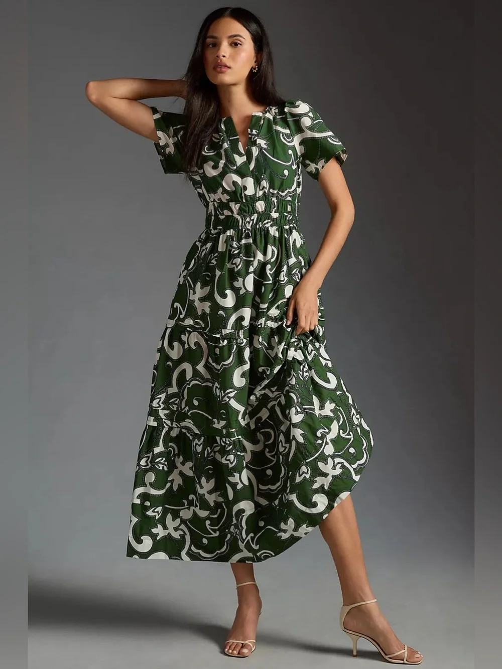 Anthropologie The Somerset Maxi Dress Puff Sleeve Green Novelty Print Small - Picture 1 of 14